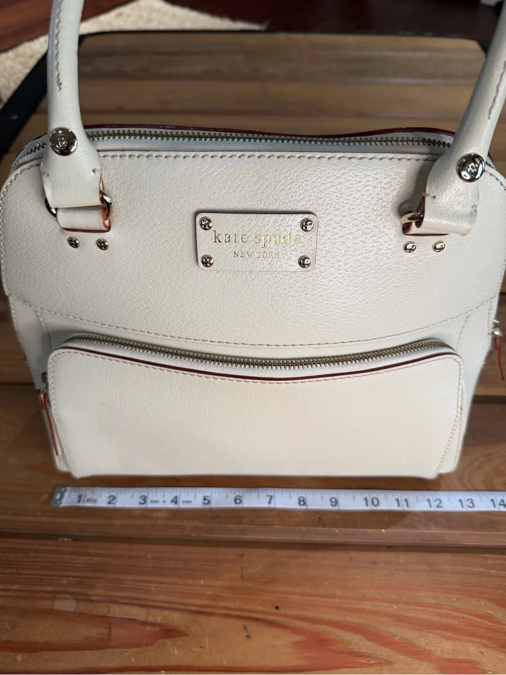 Kate Spade New York Pebbled Leather Purse Cream Top Handle Front Zip Pocket Bag
